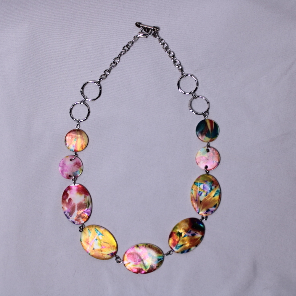 Chunky Multicolor Large Oval Bead Necklace with Silver Links